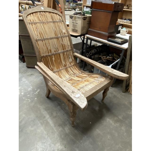 221 - Planters Armchair - Colonial style teak with broad arms, sloping back with rattan weave and folding ... 