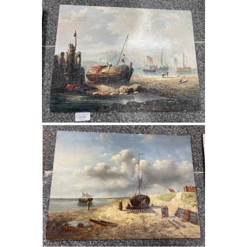 256 - 2 unsigned fishing boat scene oil paintings on board after Charles Leickert 30x40cm (Unframed)