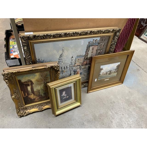 263 - 4 pictures inc. gilt framed oleograph, Pears print, signed oil on canvas etc.