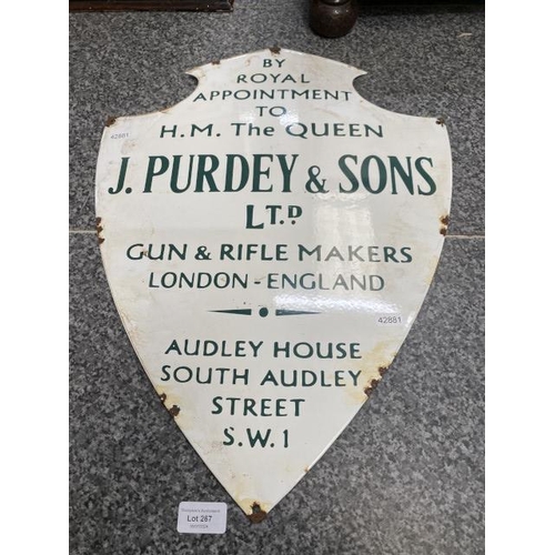 267 - Enamel sign 'J. Purdey & Sons Ltd Gun & Rifle Makers London England 39x51cm (reproduction)