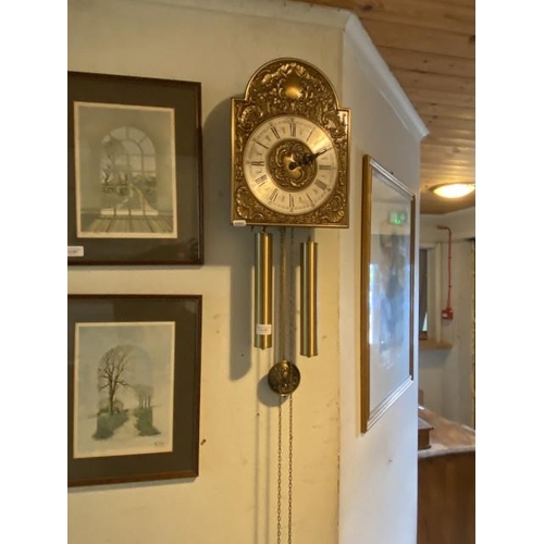 292 - Antique style wall clock with pendulum & 2 weights