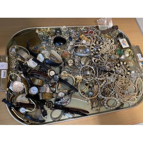 308 - Tray of jewellery & watches inc. marcasite, silver, costume, simulated pearls, Rotary, Pulsar, Everi... 