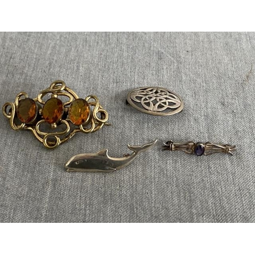 317 - 4 brooches inc. 3 silver, James C Kerr, Edinburgh Dolphin, Victorian gilt etc.