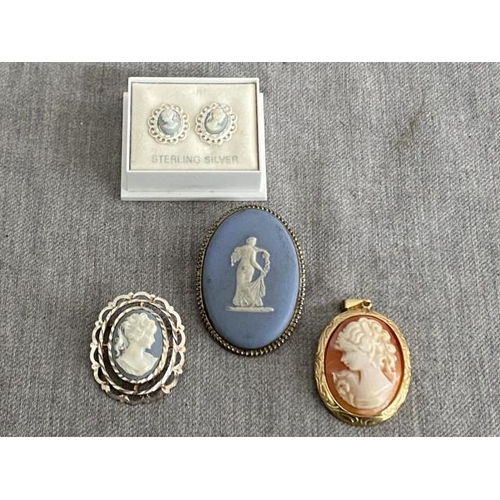 328 - Pair of silver & cameo stud earrings with matching brooch & a silver, Wedgwood Jasper oval brooch & ... 