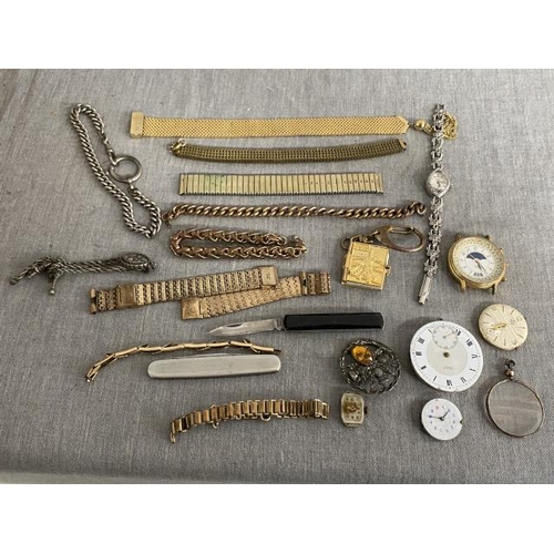 333 - Box of collectables inc. eye glass, Edwardian T bar chain, Scottish thistle brooch, watch straps & m... 