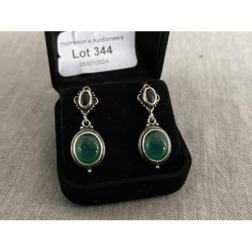 344 - Pair of silver jade & jet earrings