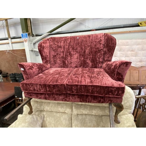 35 - Queen Anne style wing back cottage settee, upholstered in mulberry velvet 120W