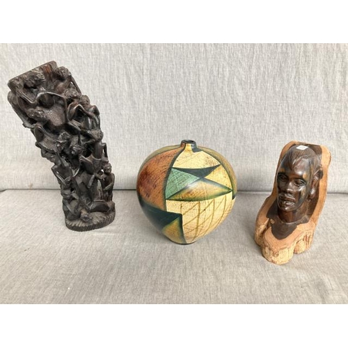 356 - 2 African carvings & African style vase