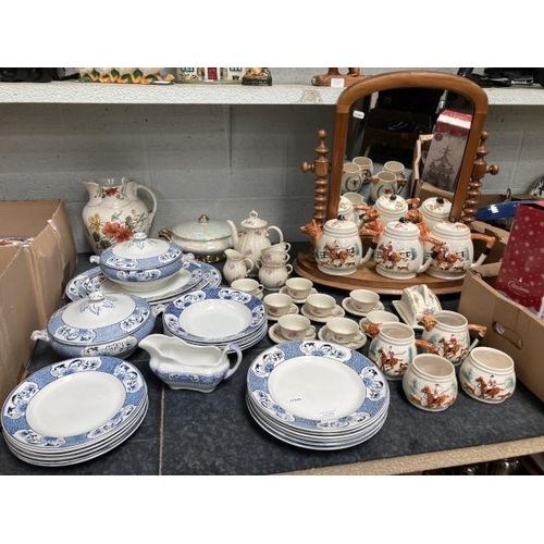 374 - Vic. dressing table mirror, 7 pieces of hunting themed pottery, 23 piece blue & white dinner service... 