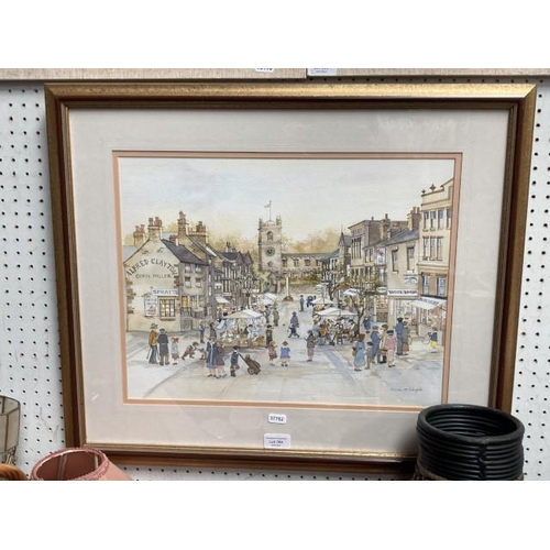 384 - Gilt framed signed Susan. M. Ridyard untitled watercolour print, depicting a market square 65x55cm