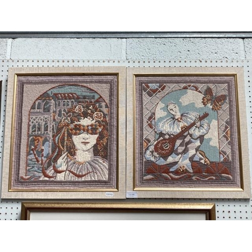 385 - Two framed tapestries depicting Venetian harlequins, in polychrome wool 43x47cm