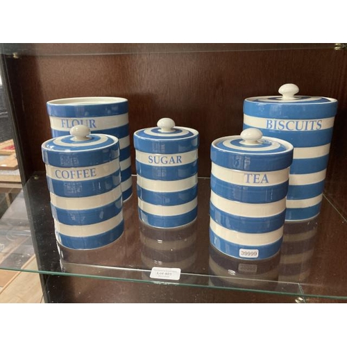 401 - Leonard Home 'Cornish Ware' pottery includes coffee (Hairline), tea, sugar canisters, biscuit barrel... 