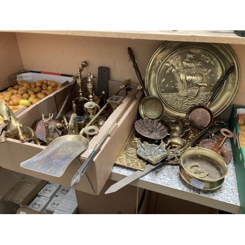 410 - Collection of mainly brassware inc. fire dogs, repro sword, candlesticks, plaques, wall plates etc.