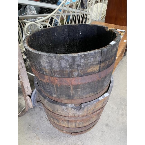 43 - 2 oak half barrel planters  45H 63cm diameter