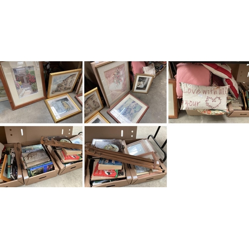 453 - Collection of books, artists easel, scatter cushions & pictures