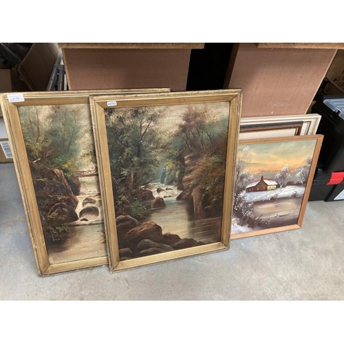 456 - 2 antique gilt framed unsigned oil paintings on board, 2 signed G. Harris watercolours etc.