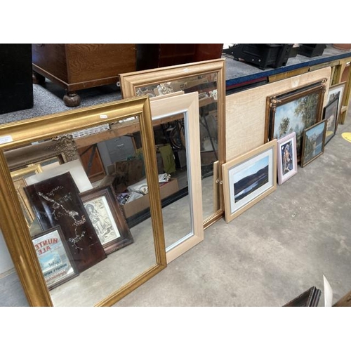 464 - 3 framed mirrors 90H 64W,, 98H 67W, 86H 65W and some framed pictures including an oleograph of a rur... 