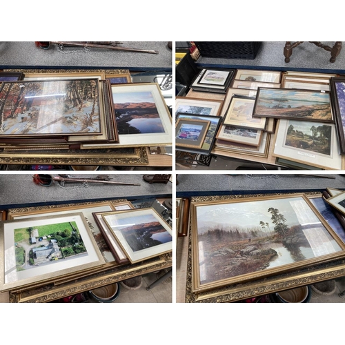 482 - Collection of assorted framed prints, photos, oleographs, tapestry and a frameless mirror etc