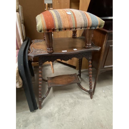 51 - 19th century carved oak occasional table 64H 60W 40D & an upholstered stool 46W