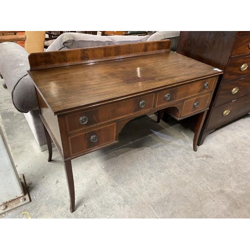 76 - Edwardian mahogany inlaid desk 88H 122W 56D