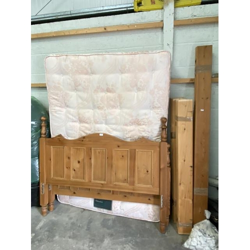 9 - Pine double bed frame with side rails and lats and a Millbrook mattress