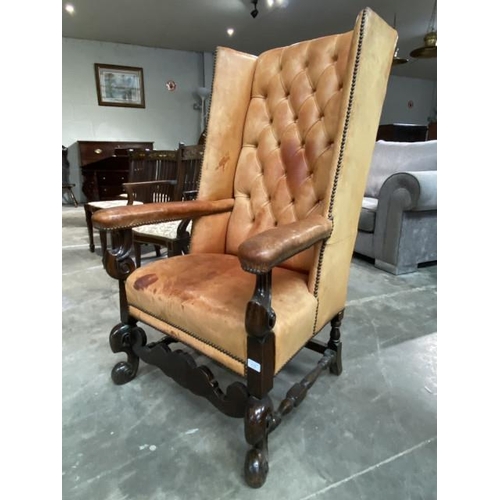 93 - French oak and chestnut tan leather button back library chair 122H 73W 78D (leather as found)