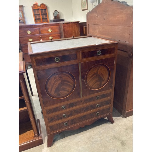 67 - Edwardian mahogany inlaid with marble top metamorphic washstand  97-150H 77W 57D (mirror frame as fo... 