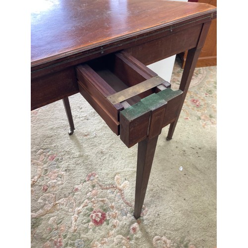 199 - Victorian mahogany inlaid fold over card table 75H 96W 47D (as found)