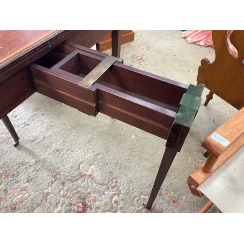 199 - Victorian mahogany inlaid fold over card table 75H 96W 47D (as found)