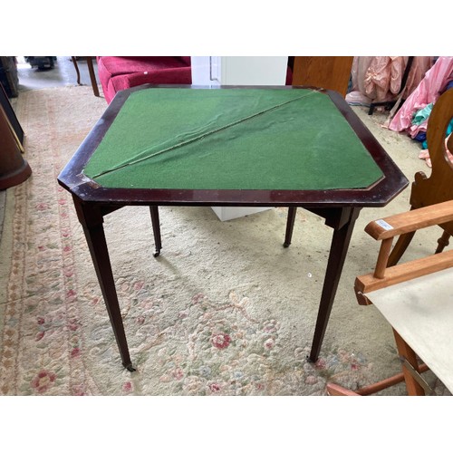 199 - Victorian mahogany inlaid fold over card table 75H 96W 47D (as found)