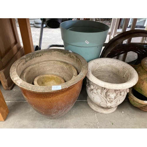 184 - Assorted glazed, salt glazed planters in various sizes, 2 sundials, chimney pot etc.