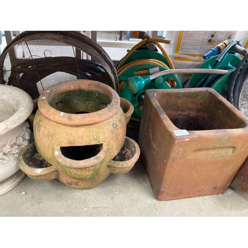 184 - Assorted glazed, salt glazed planters in various sizes, 2 sundials, chimney pot etc.