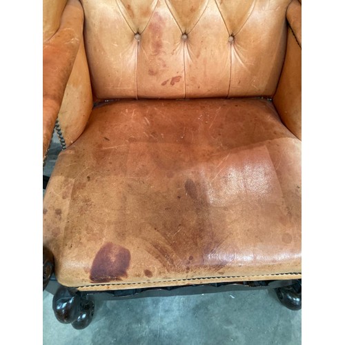 93 - French oak and chestnut tan leather button back library chair 122H 73W 78D (leather as found)