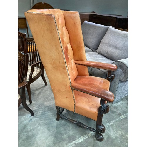 93 - French oak and chestnut tan leather button back library chair 122H 73W 78D (leather as found)