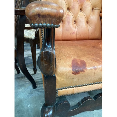 93 - French oak and chestnut tan leather button back library chair 122H 73W 78D (leather as found)