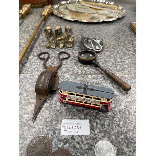 261 - Collection of metalware's inc. Thorne's toffee tin, brass fire dogs, candle snuffer, tokens, Crocodi... 