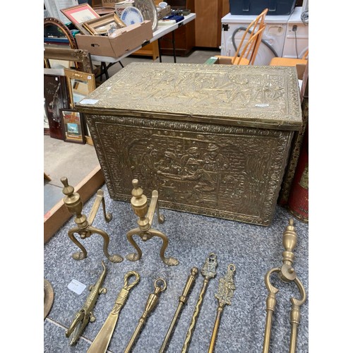 261 - Collection of metalware's inc. Thorne's toffee tin, brass fire dogs, candle snuffer, tokens, Crocodi... 