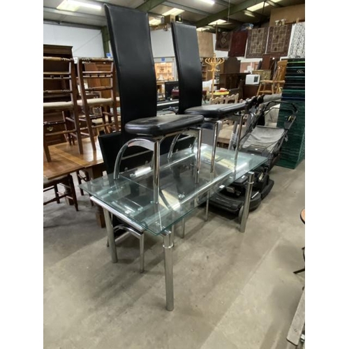 107 - Contemporary tempered glass dining table 75H 200W 80D and 4 black and chrome high back chairs