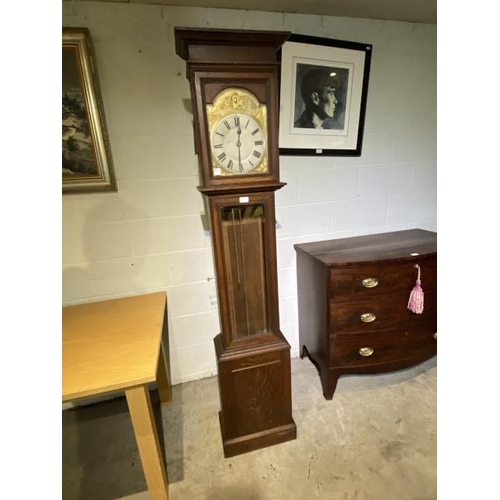 126 - Edwardian oak longcase clock with brass dial, pendulum (no weights) 193H 40W 22D