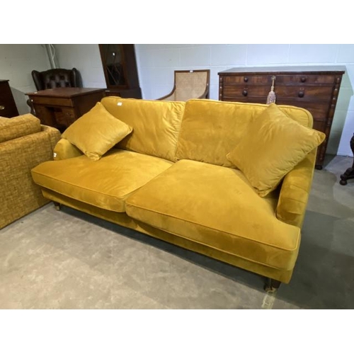 129 - Payton mustard velvet settee, in excellent condition 200W (NEW)