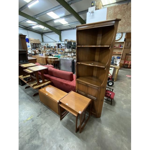 203 - Mid century teak nest of 2 tables 48H 53W 43D, teak blanket box 37H 82W 37D and a 1970’s Ercol elm c... 