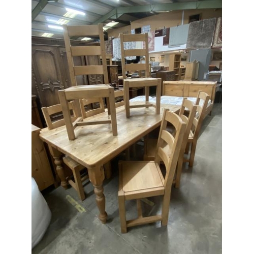 24 - Good quality pine farmhouse table 78H 184W 90D and 8 ladder back chairs