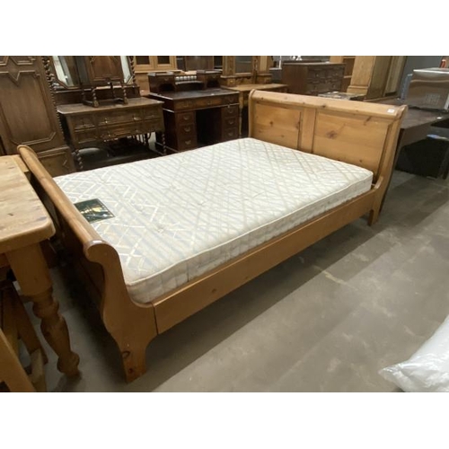 26 - Pine double sleigh bed with side rails, lats and a Restus ‘Gemini’ mattress