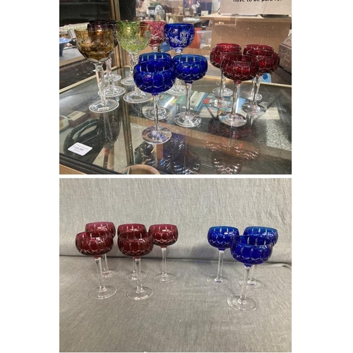 385 - 8 crystal coloured wine glasses believed to be John Walsh Walsh Glass (5 cranberry & 3 cobalt blue),... 