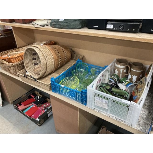 393 - Collection of wicker trays & baskets, vintage glass, 2 Japanese plates, 2 jasperware pitchers etc.