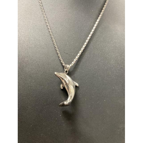 405 - 925 silver dolphin pendant on silver neck chain, 44cm long