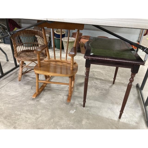 443 - Child's pine rocking chair and a child's wicker chair, mahogany coffee table with green leather inse... 