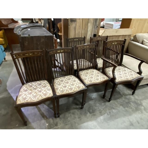 63 - 6 Victorian mahogany inlaid salon chairs including 2 carvers 59W (as found)