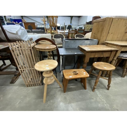 82 - Assorted furniture including a beech stool 54H, wicker stool 72H 35cm diameter, vintage pine table 6... 