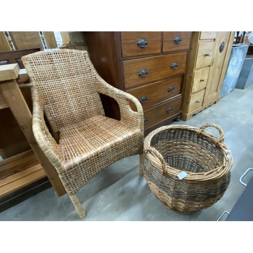 95 - Wicker lounge chair 57W and a log basket 41H 45cm diameter